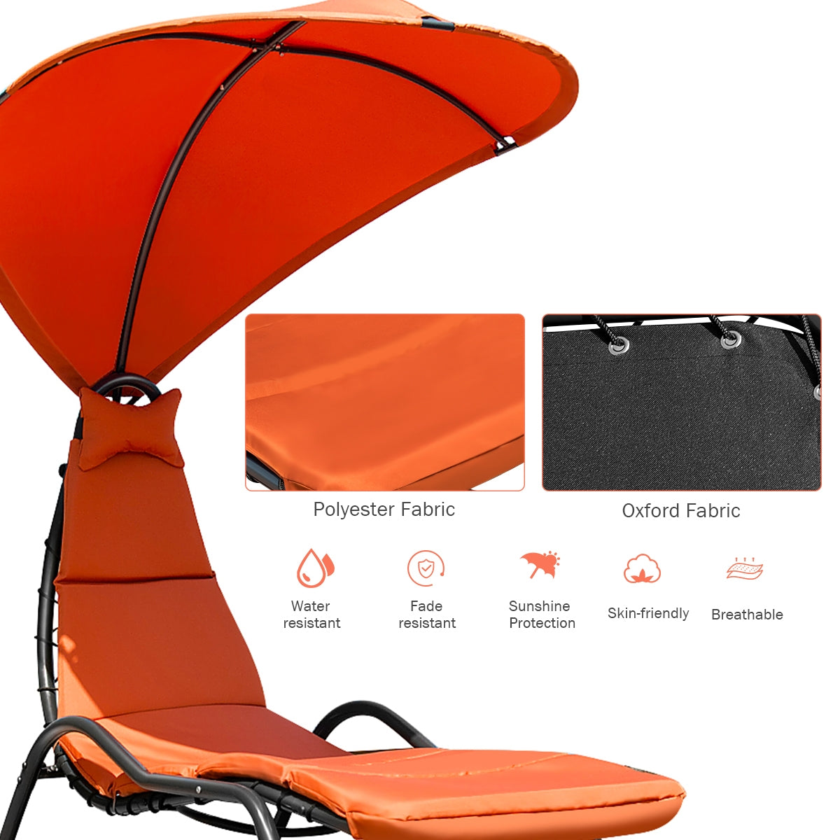 Chaise Lounge Swing with Wide Canopy Sun Shade and Soft Cushion-OrangeÂ