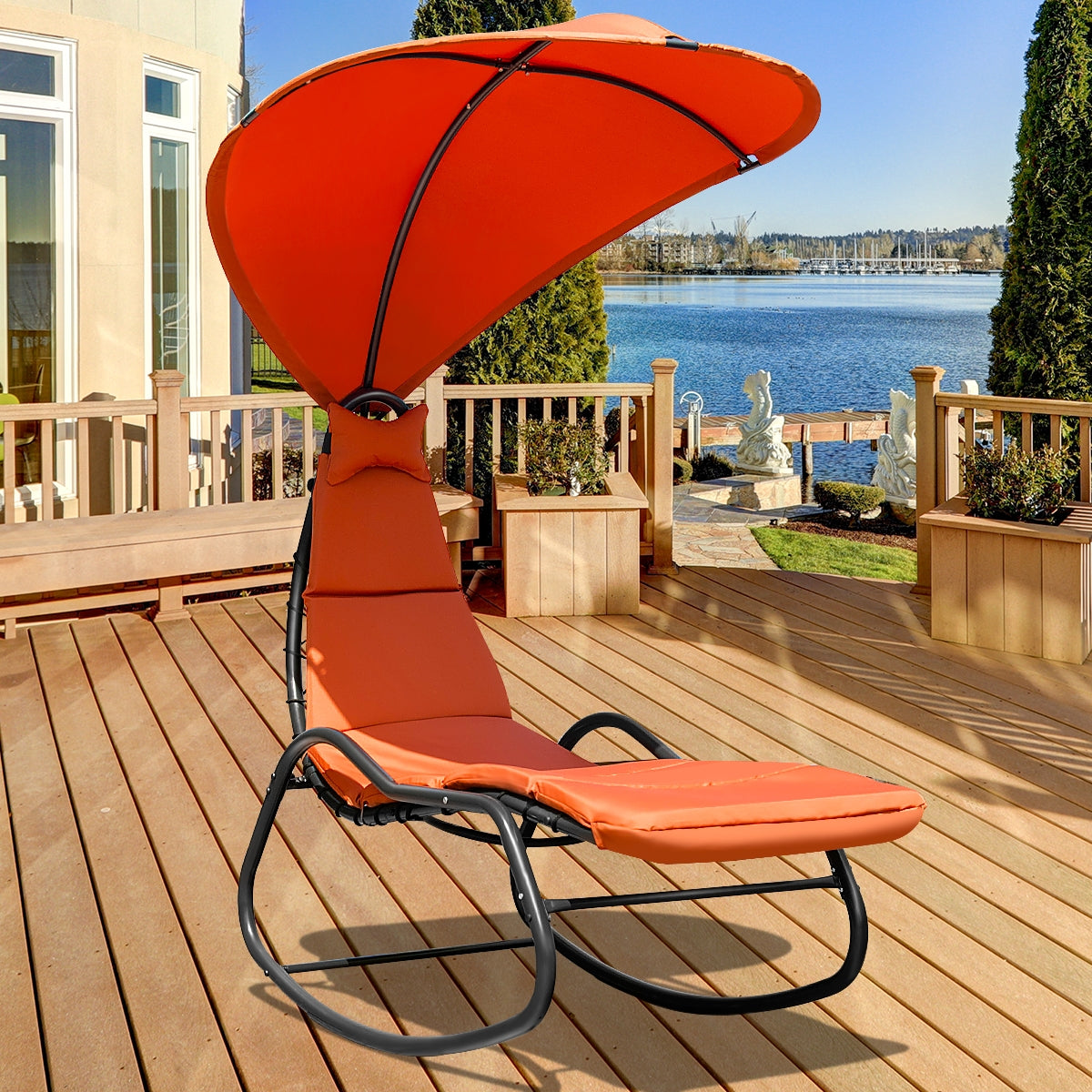 Chaise Lounge Swing with Wide Canopy Sun Shade and Soft Cushion-OrangeÂ