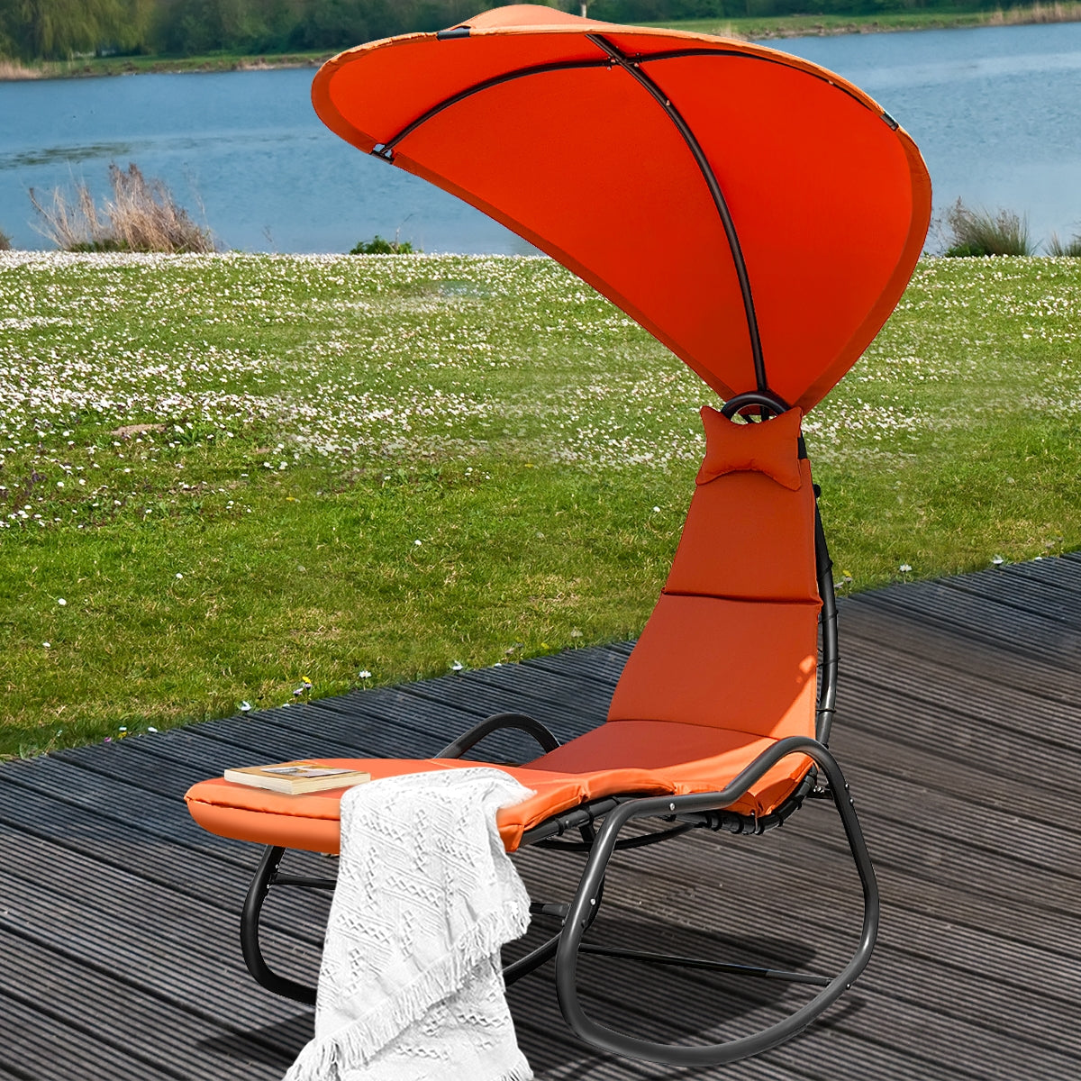 Chaise Lounge Swing with Wide Canopy Sun Shade and Soft Cushion-OrangeÂ