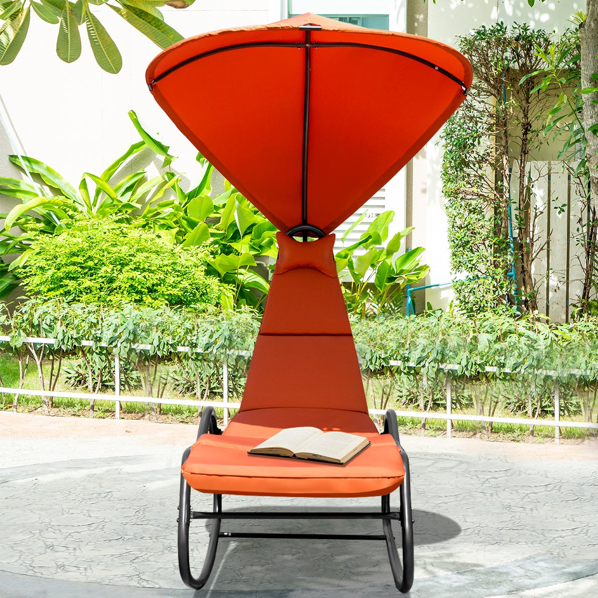 Chaise Lounge Swing with Wide Canopy Sun Shade and Soft Cushion-OrangeÂ