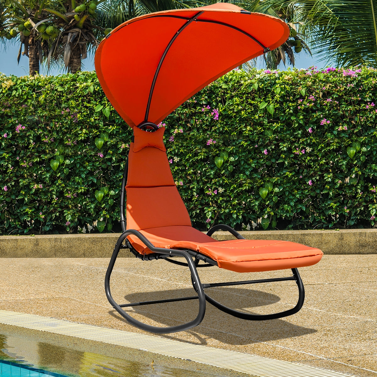 Chaise Lounge Swing with Wide Canopy Sun Shade and Soft Cushion-OrangeÂ