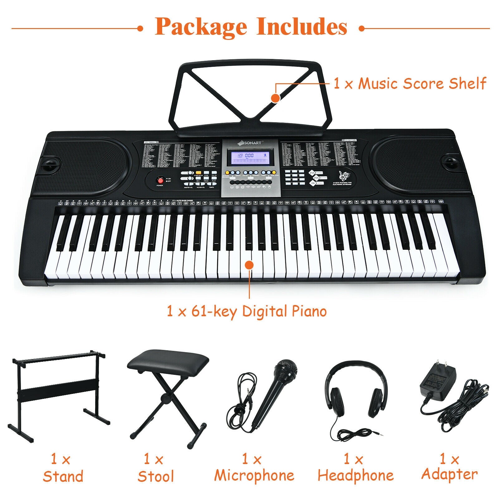 61-Key Electronic Keyboard Piano with Lighted Keys and BenchÂ