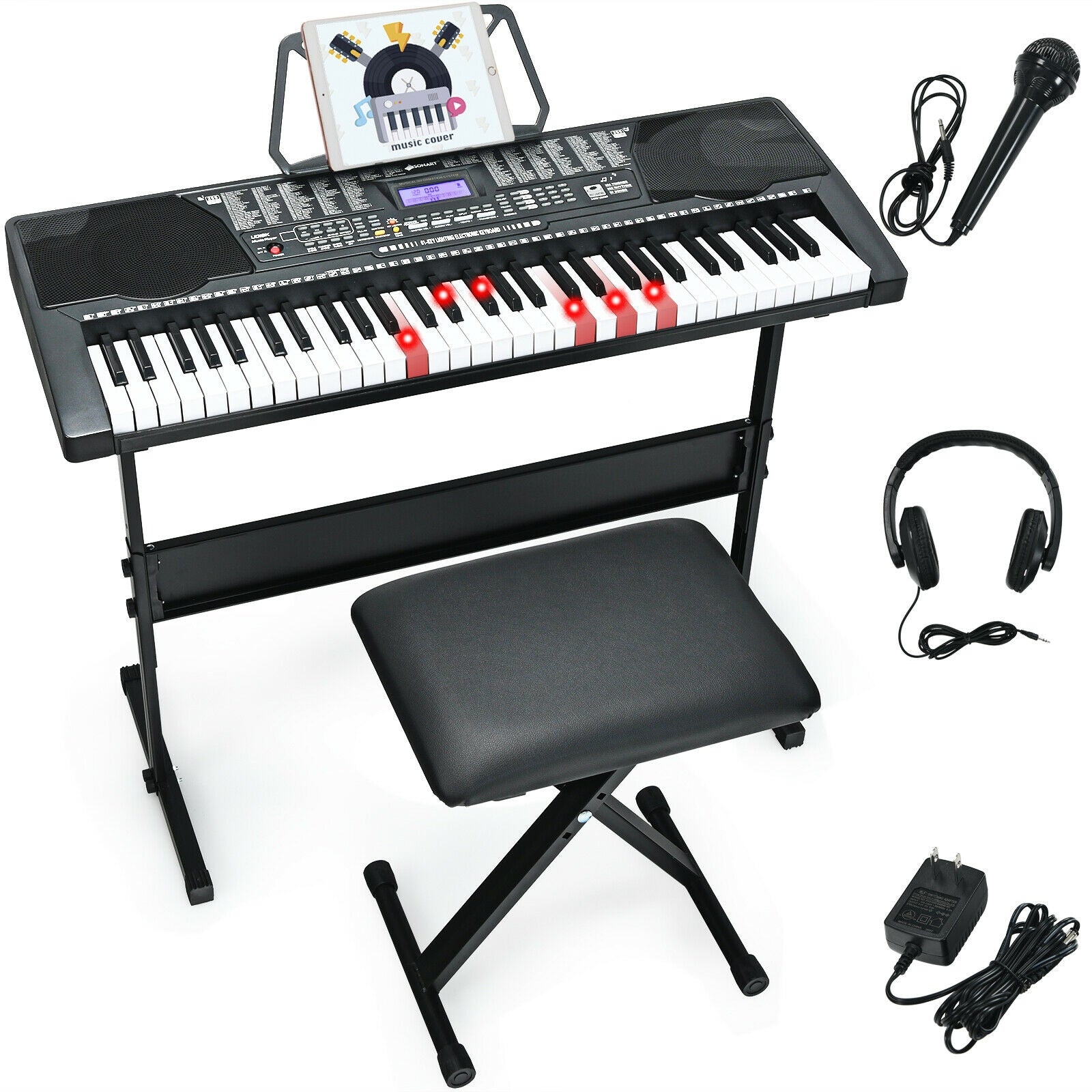 61-Key Electronic Keyboard Piano with Lighted Keys and BenchÂ