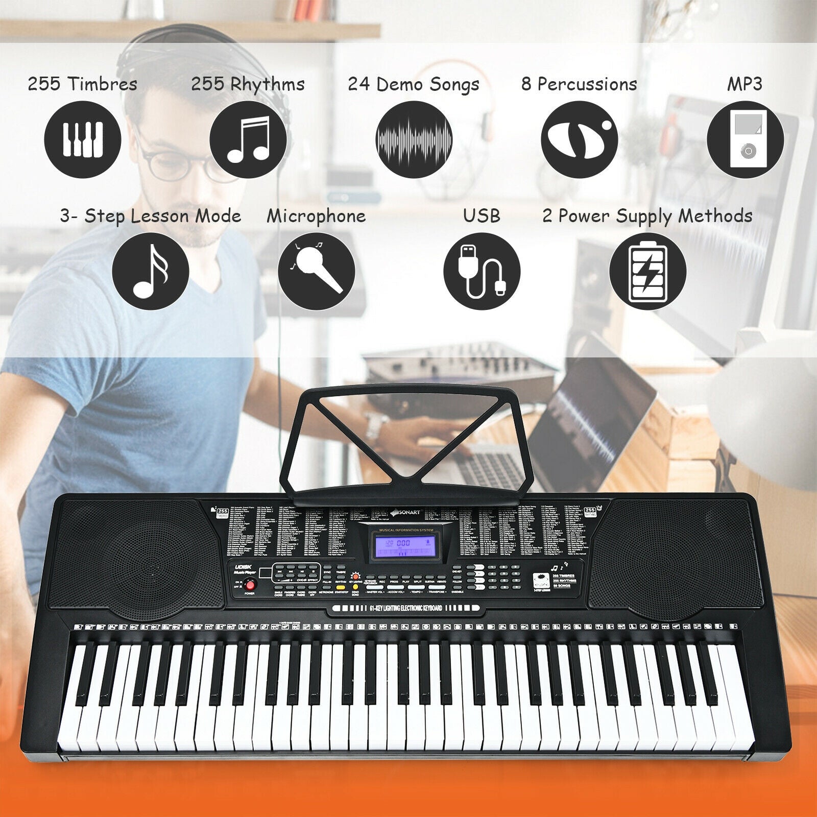 61-Key Electronic Keyboard Piano with Lighted Keys and BenchÂ