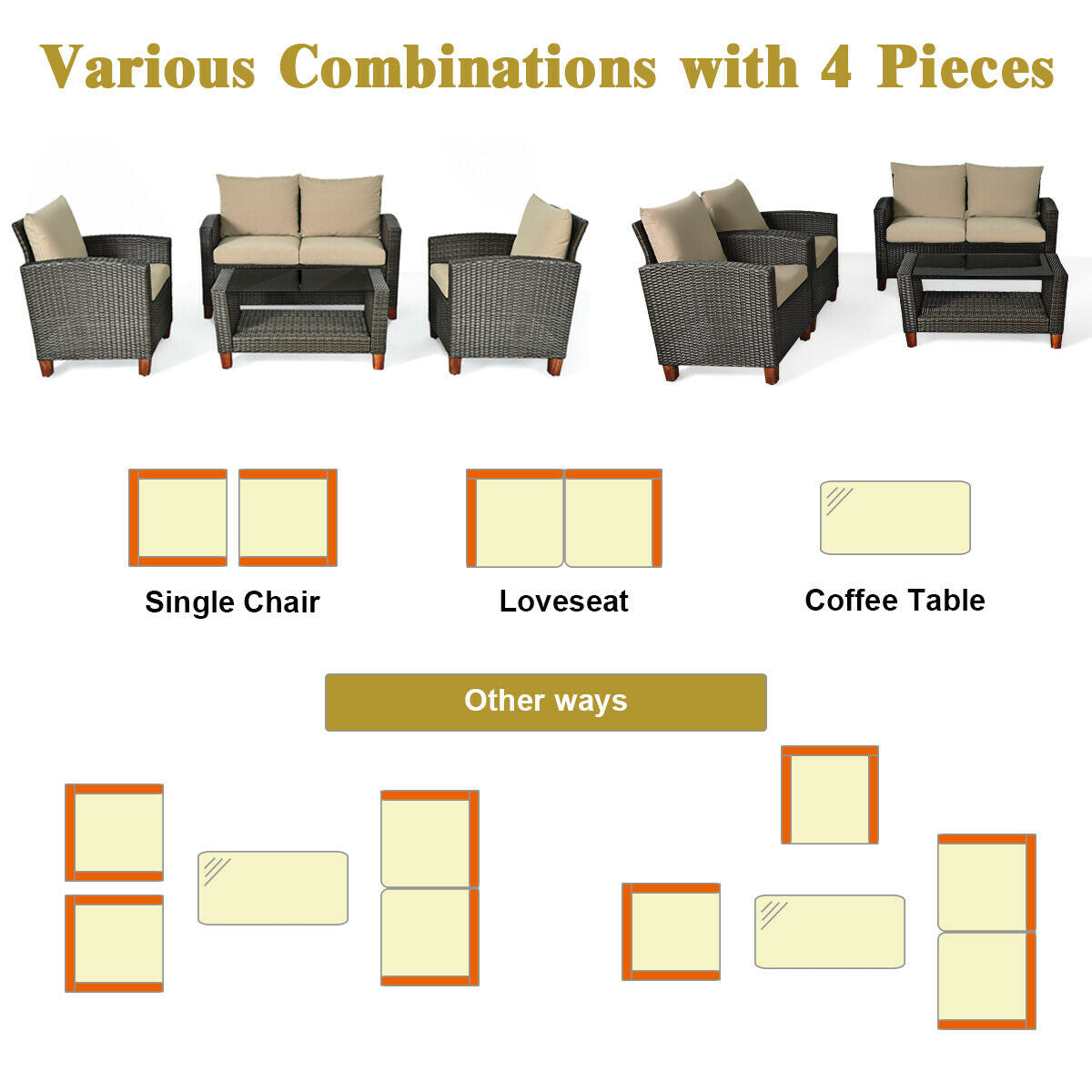 4 Pieces Patio Rattan Furniture Set with CushionsÂ