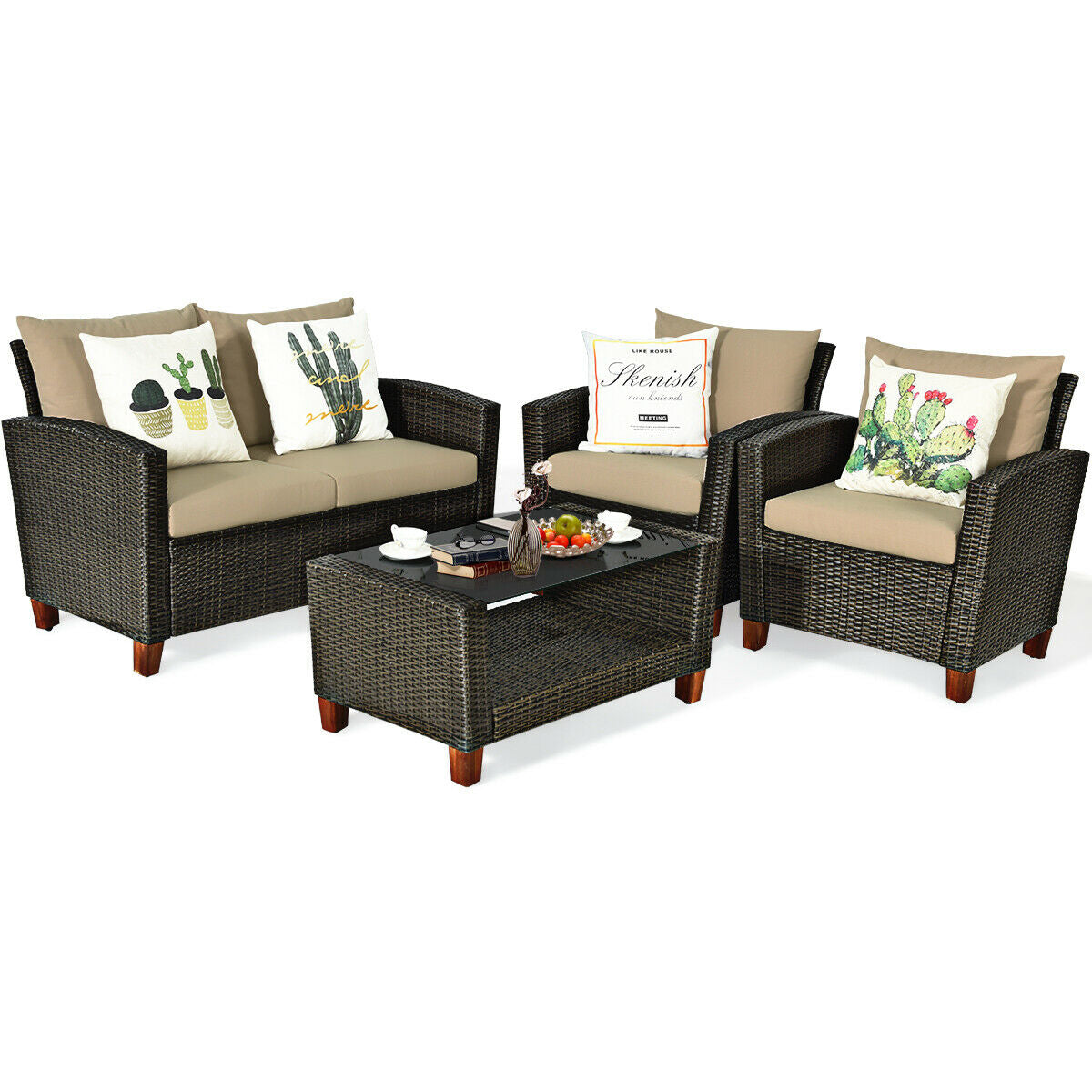 4 Pieces Patio Rattan Furniture Set with CushionsÂ