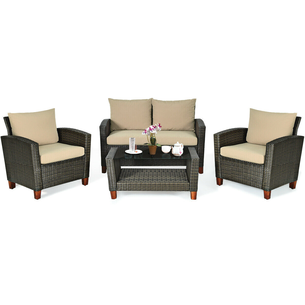 4 Pieces Patio Rattan Furniture Set with CushionsÂ