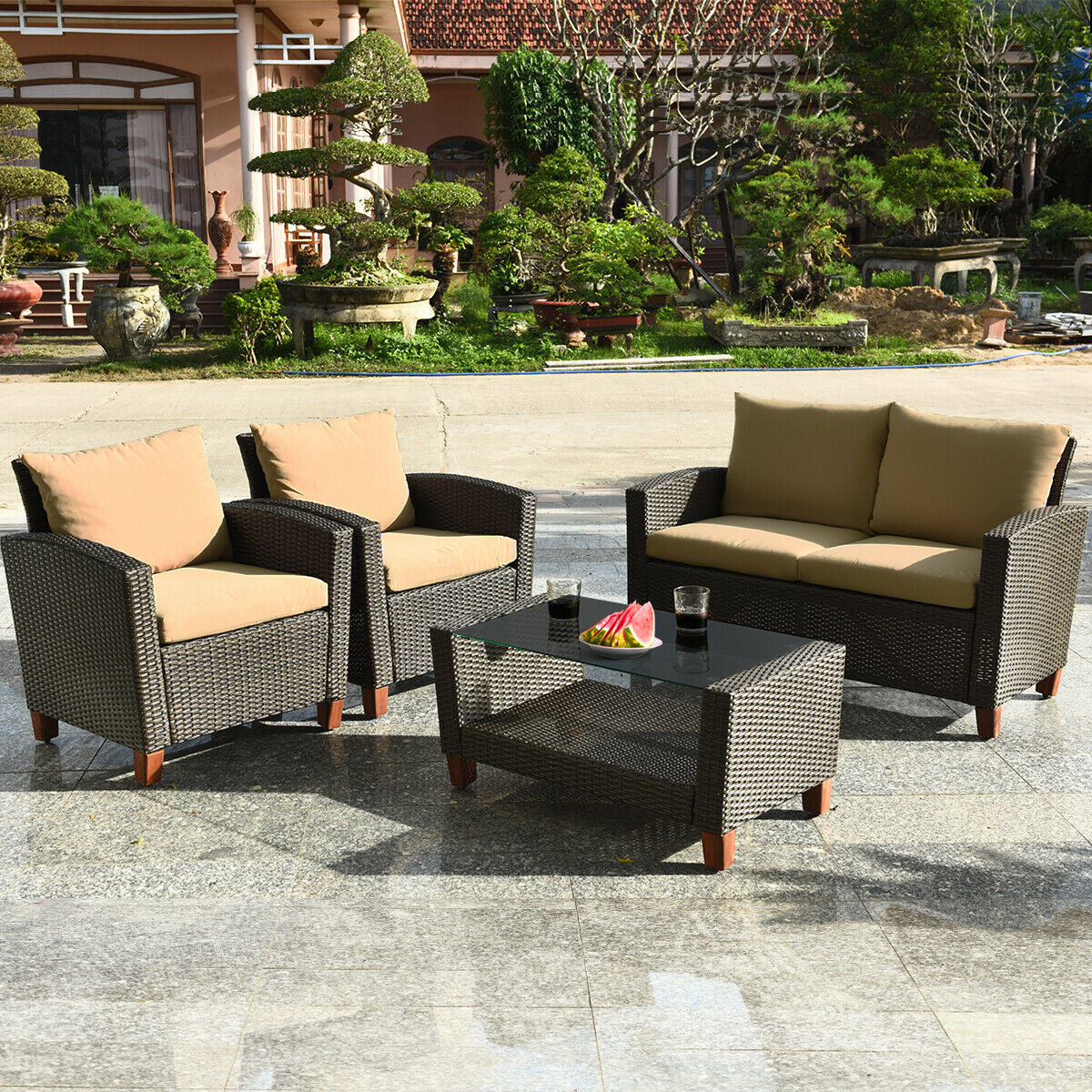 4 Pieces Patio Rattan Furniture Set with CushionsÂ