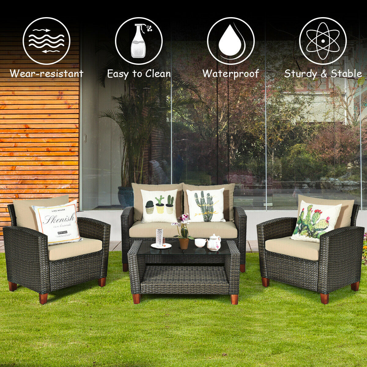 4 Pieces Patio Rattan Furniture Set with CushionsÂ