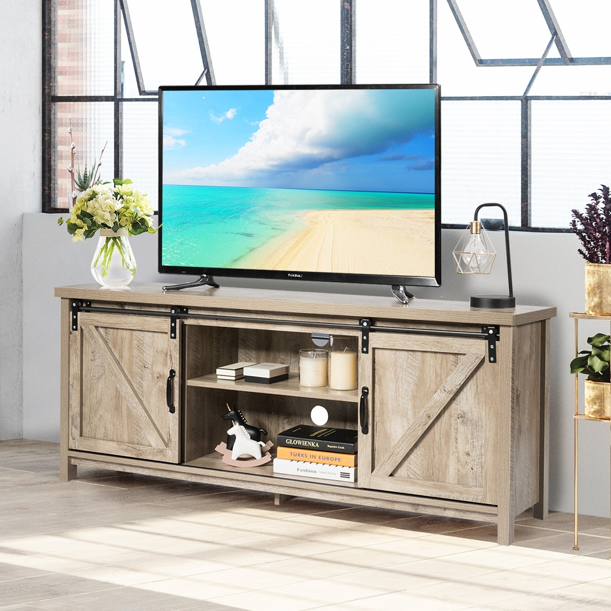 TV Stand Media Center Console Cabinet with Sliding Barn Door-GrayÂ