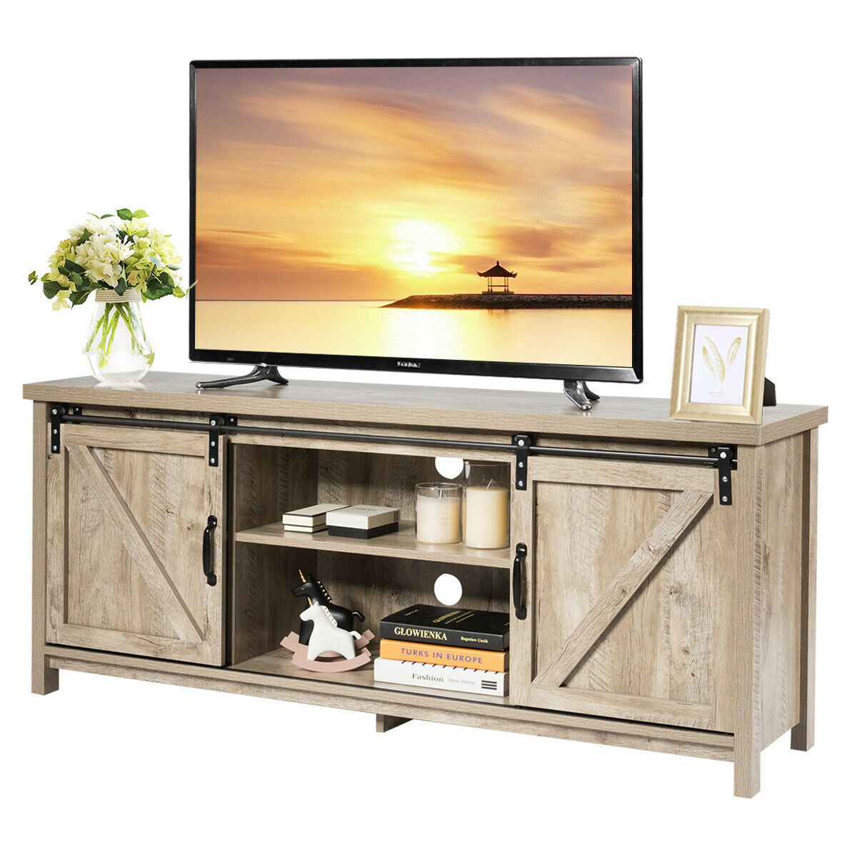 TV Stand Media Center Console Cabinet with Sliding Barn Door-GrayÂ