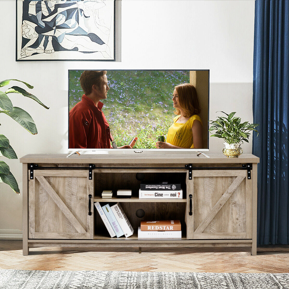 TV Stand Media Center Console Cabinet with Sliding Barn Door-GrayÂ