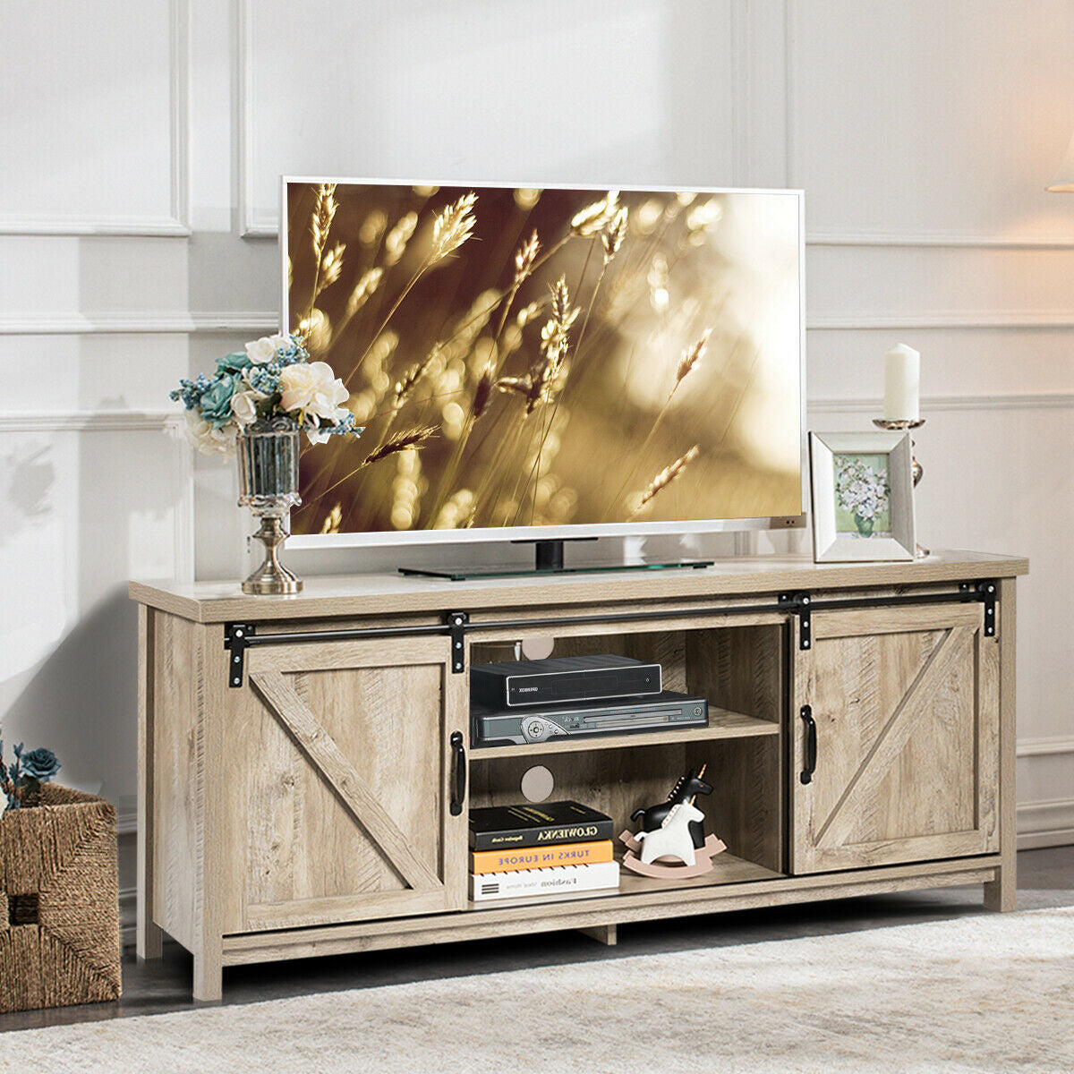 TV Stand Media Center Console Cabinet with Sliding Barn Door-GrayÂ