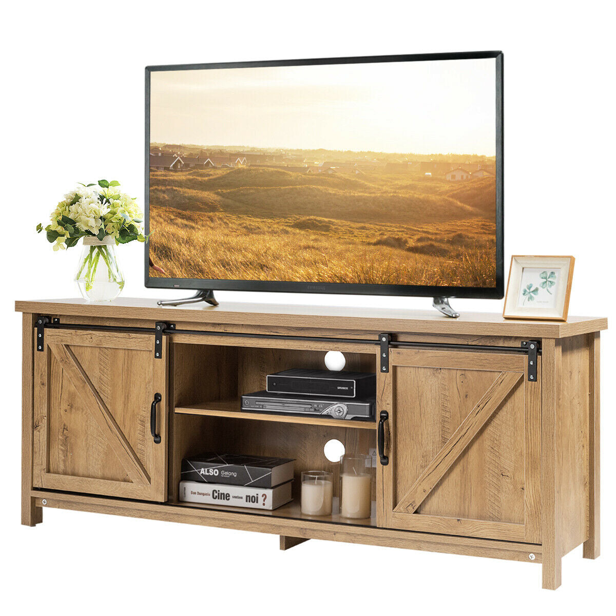 TV Stand Media Center Console Cabinet with Sliding Barn Door- OakÂ