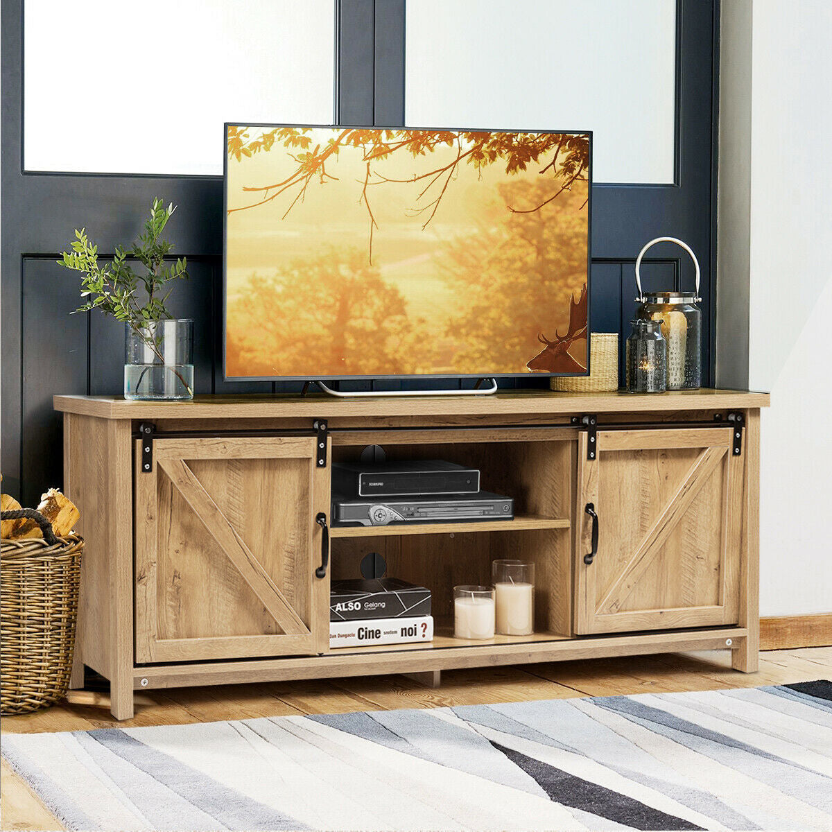 TV Stand Media Center Console Cabinet with Sliding Barn Door- OakÂ