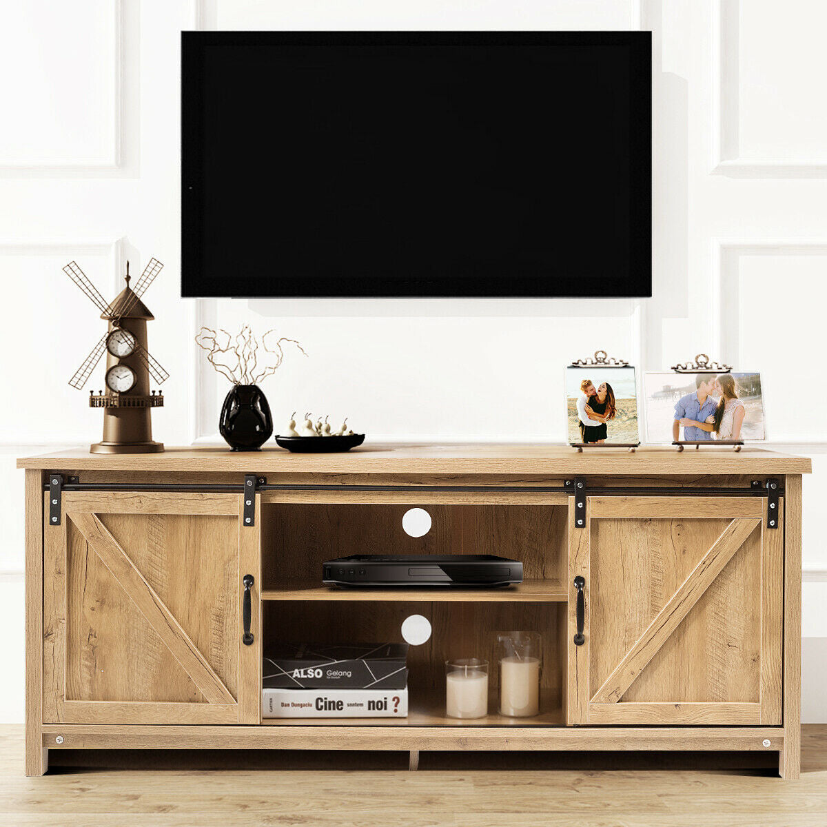 TV Stand Media Center Console Cabinet with Sliding Barn Door- OakÂ