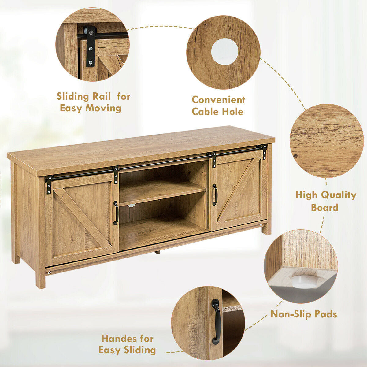 TV Stand Media Center Console Cabinet with Sliding Barn Door- OakÂ