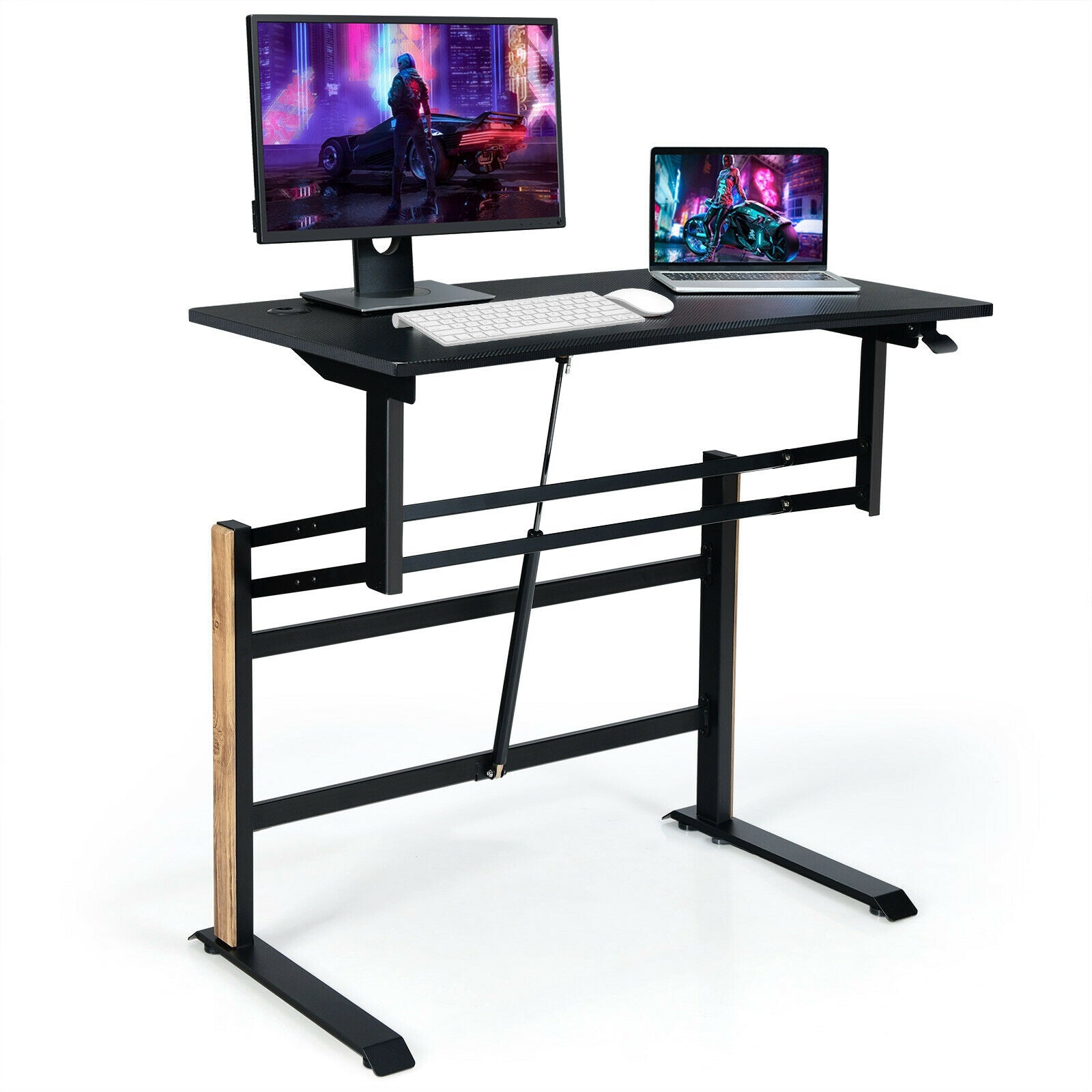Pneumatic Height Adjustable Gaming Desk T Shaped Game Station with Power Strip Tray-BlackÂ