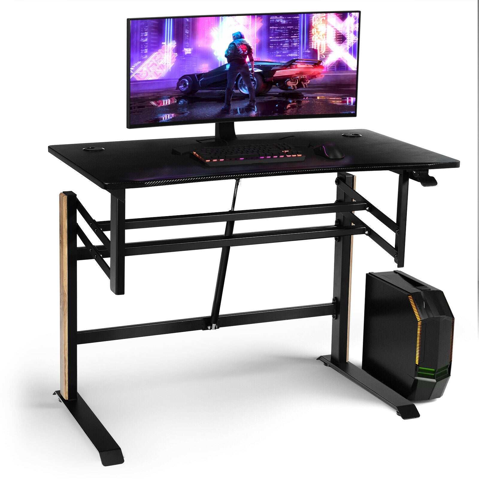 Pneumatic Height Adjustable Gaming Desk T Shaped Game Station with Power Strip Tray-BlackÂ