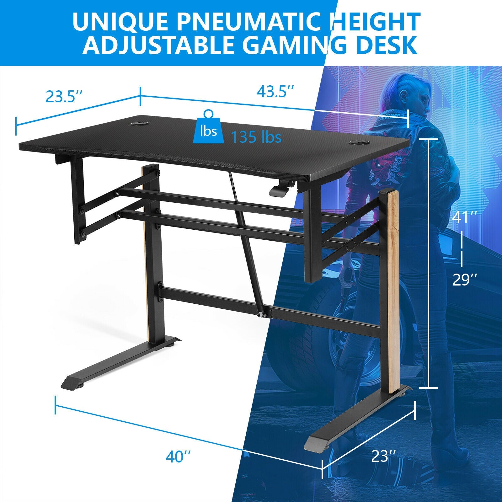 Pneumatic Height Adjustable Gaming Desk T Shaped Game Station with Power Strip Tray-BlackÂ