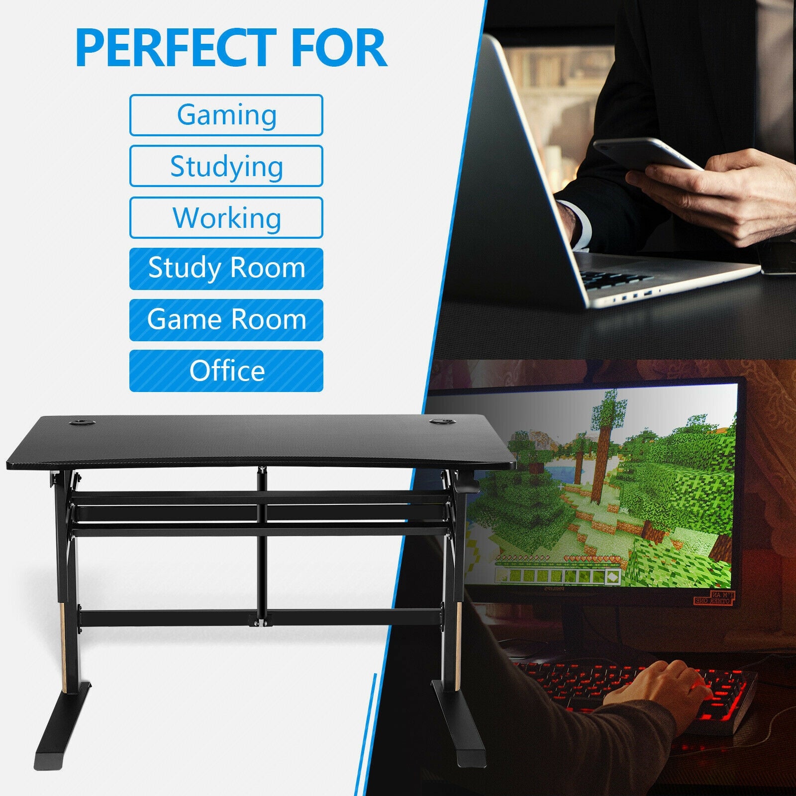 Pneumatic Height Adjustable Gaming Desk T Shaped Game Station with Power Strip Tray-BlackÂ