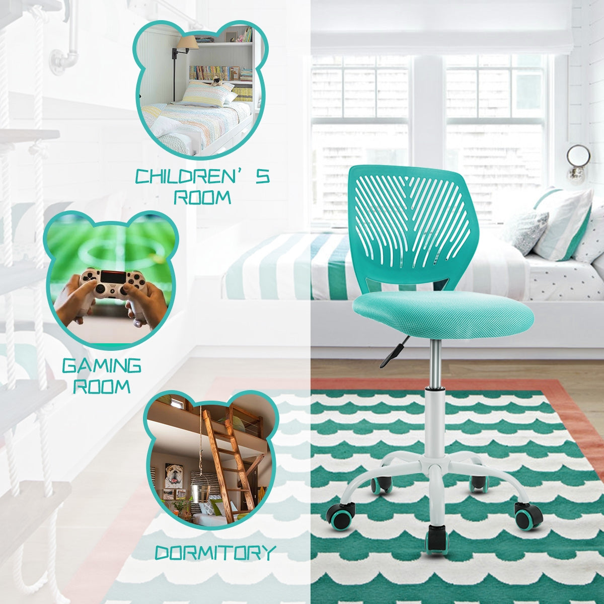 Kids Desk Chair with Adjustable Height and Lumbar Support-TurquoiseÂ