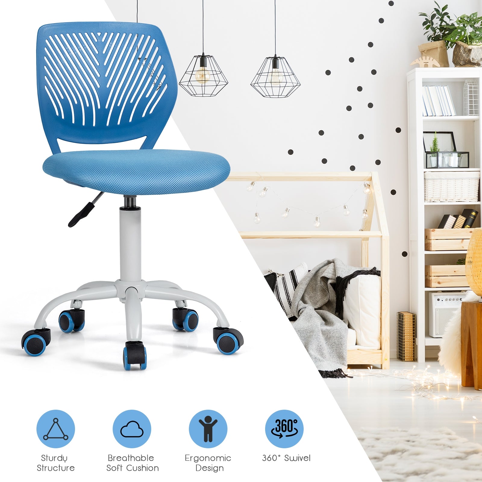 Kids Desk Chair with Adjustable Height and Lumbar Support-BlueÂ