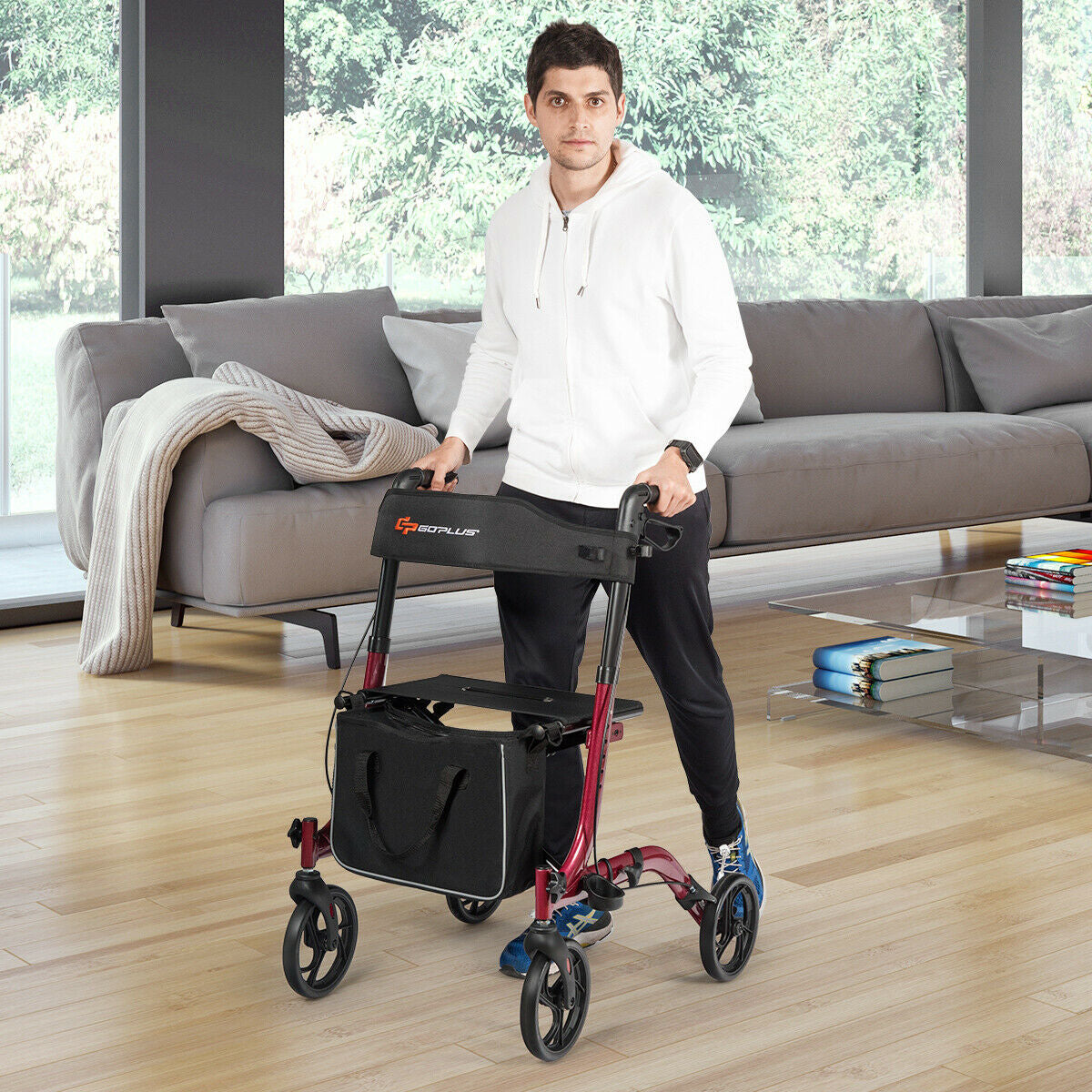 Folding Aluminum Rollator Lightweight Medical Walker-RedÂ