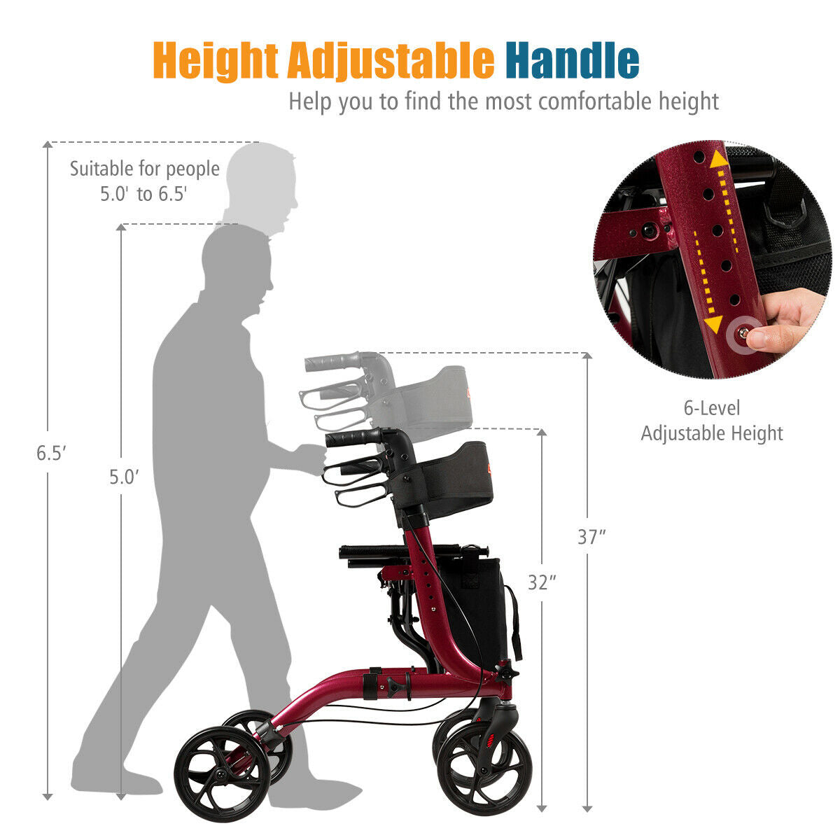 Folding Aluminum Rollator Lightweight Medical Walker-RedÂ