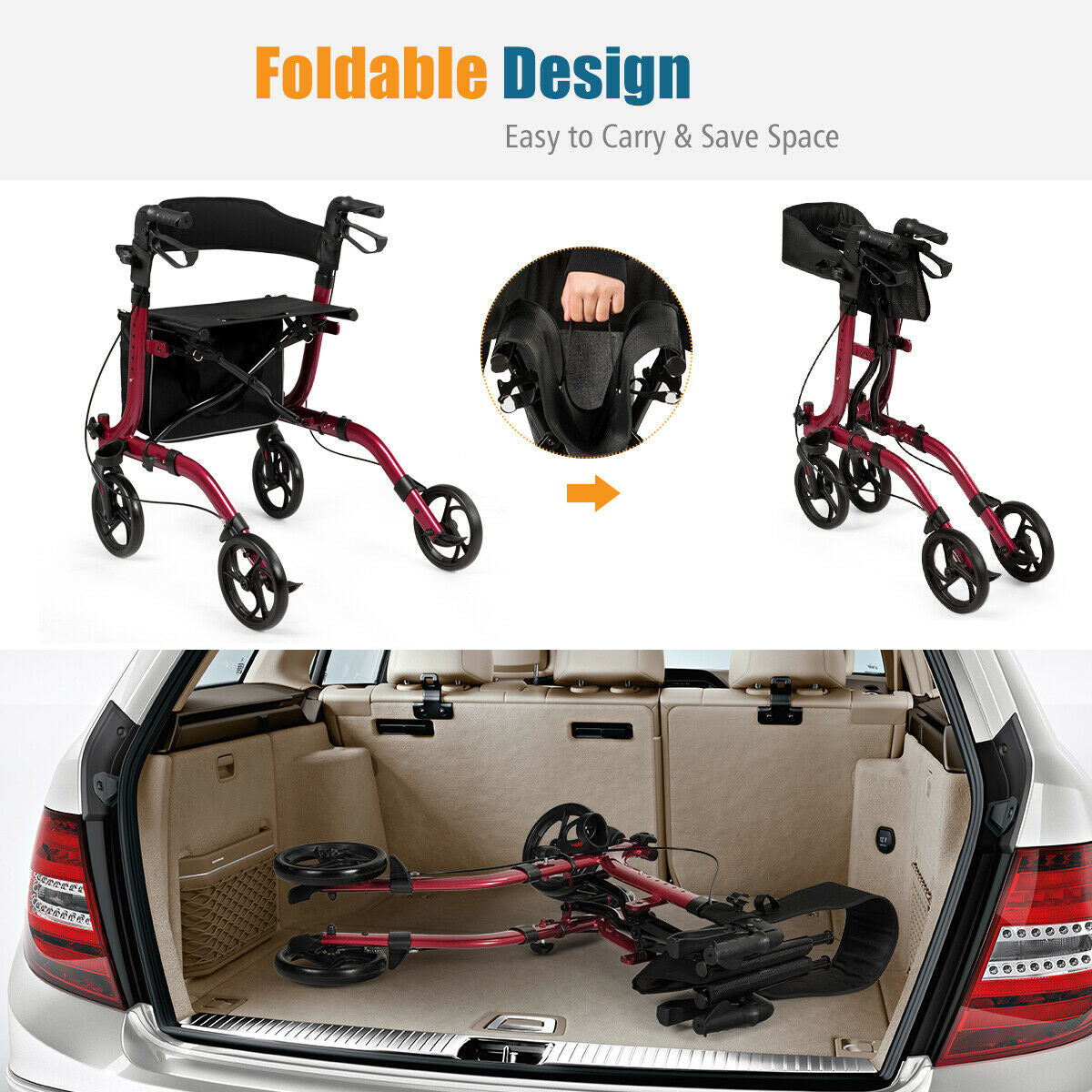Folding Aluminum Rollator Lightweight Medical Walker-RedÂ