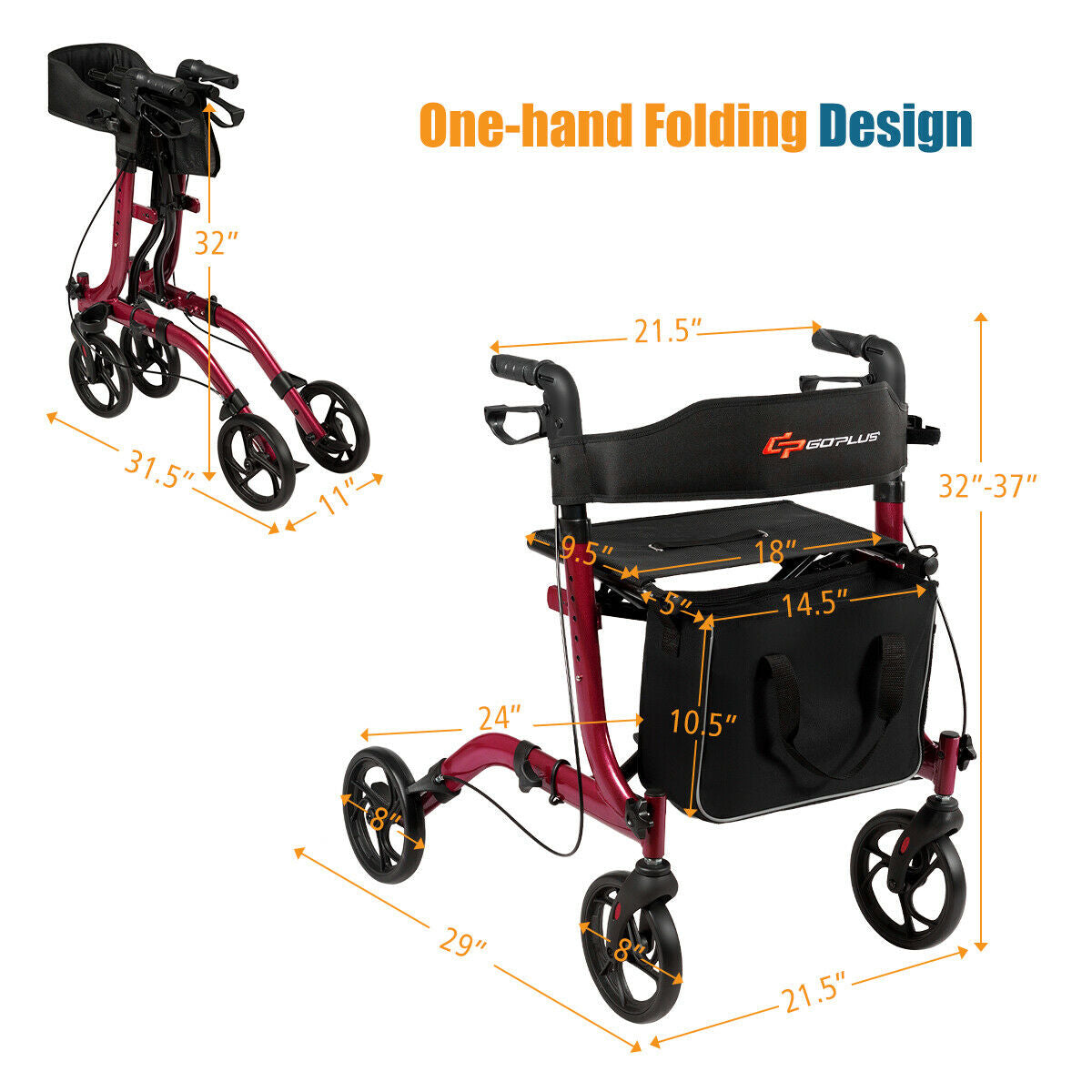 Folding Aluminum Rollator Lightweight Medical Walker-RedÂ