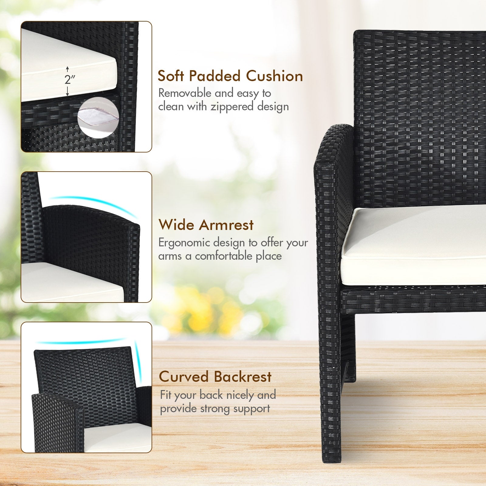 4 Pieces Rattan Patio Furniture Set with Weather Resistant Cushions and Tempered Glass Tabletop-WhiteÂ