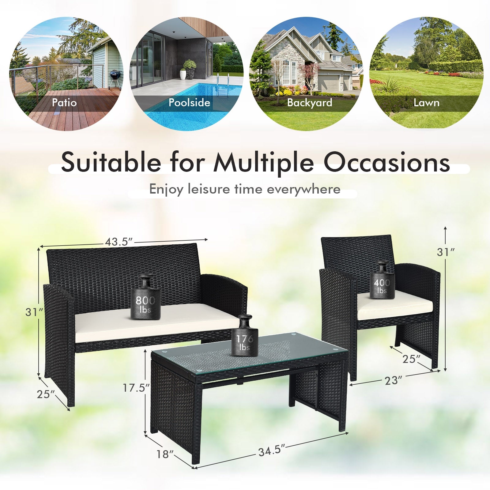 4 Pieces Rattan Patio Furniture Set with Weather Resistant Cushions and Tempered Glass Tabletop-WhiteÂ