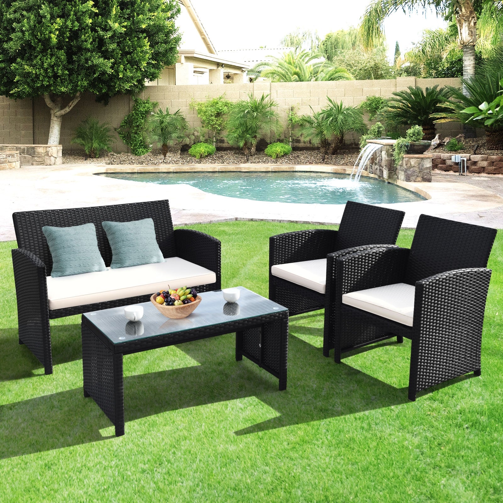 4 Pieces Rattan Patio Furniture Set with Weather Resistant Cushions and Tempered Glass Tabletop-WhiteÂ