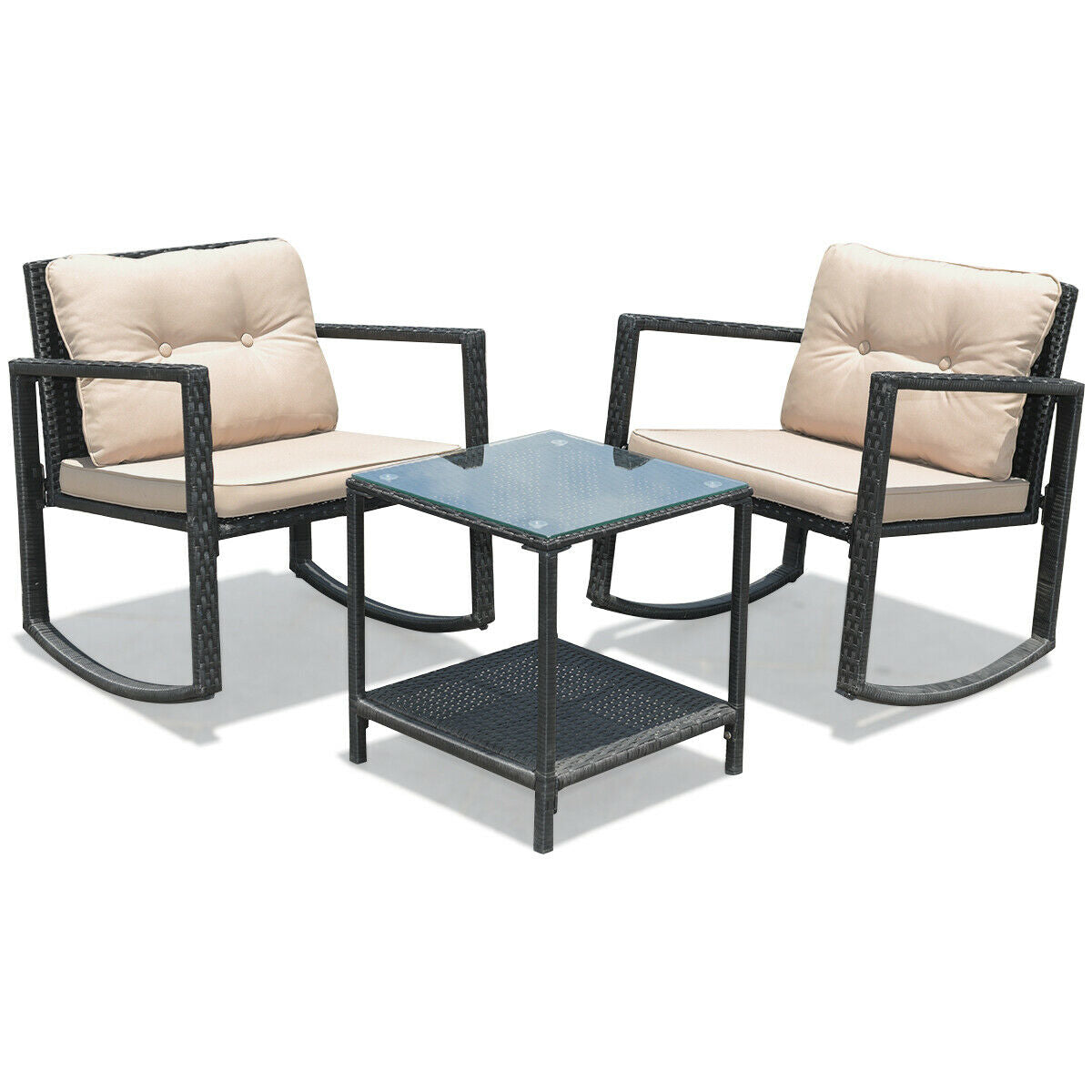 3 Pieces Wicker Rocking Bistro Set with Glass Coffee Table and Storage Shelf-BeigeÂ