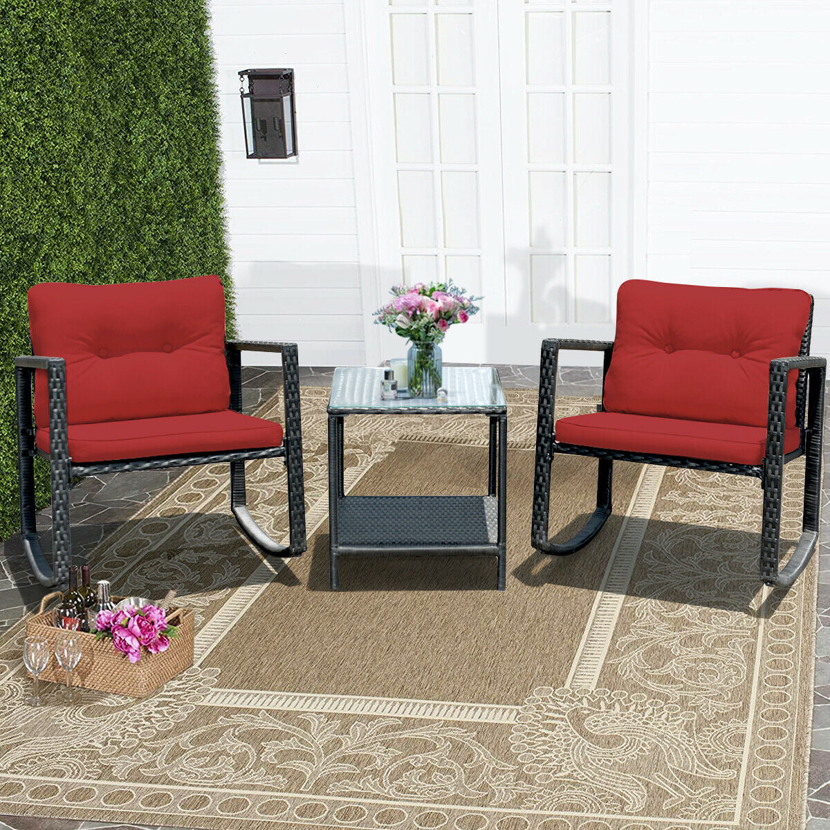 3 Pcs Wicker Rocking Bistro Set with Glass Coffee Table and Storage Shelf-RedÂ