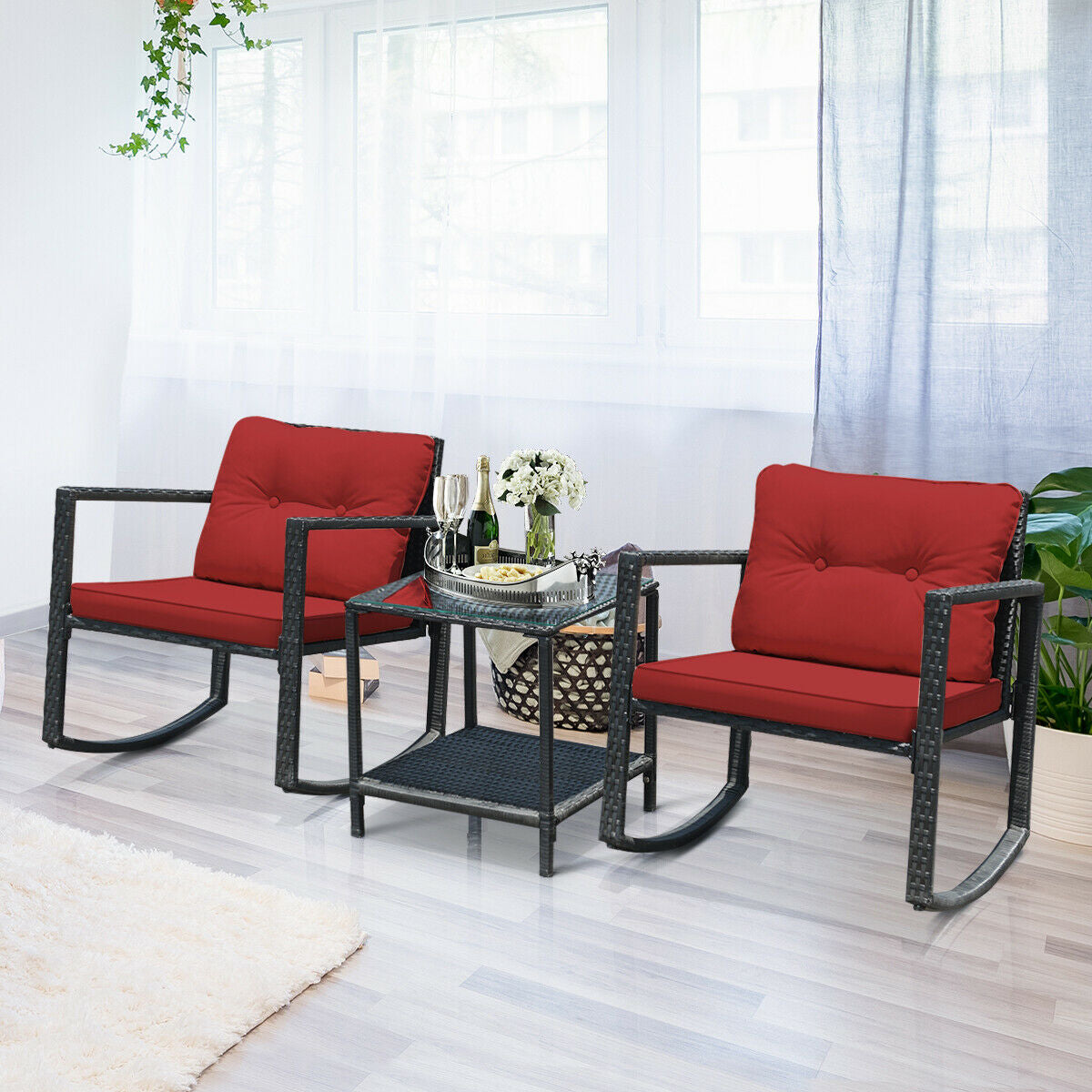 3 Pcs Wicker Rocking Bistro Set with Glass Coffee Table and Storage Shelf-RedÂ