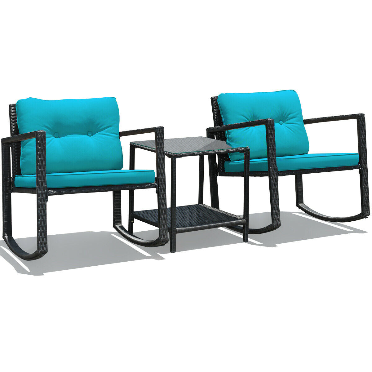 3 Pcs Wicker Rocking Bistro Set with Glass Coffee Table and Storage Shelf-TurquoiseÂ
