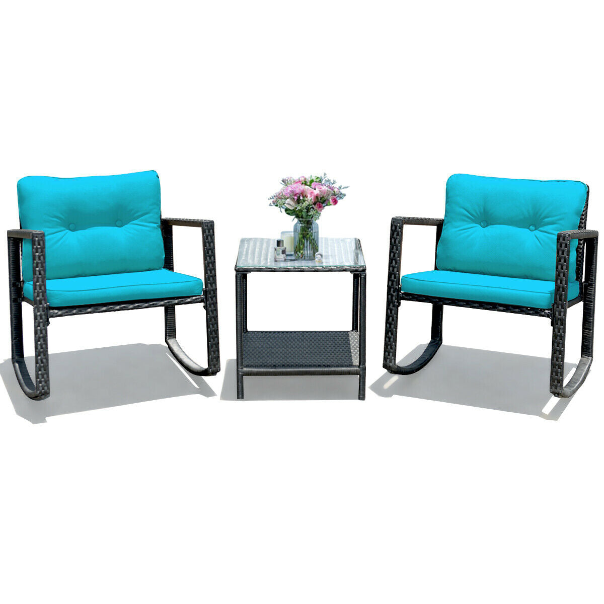 3 Pcs Wicker Rocking Bistro Set with Glass Coffee Table and Storage Shelf-TurquoiseÂ