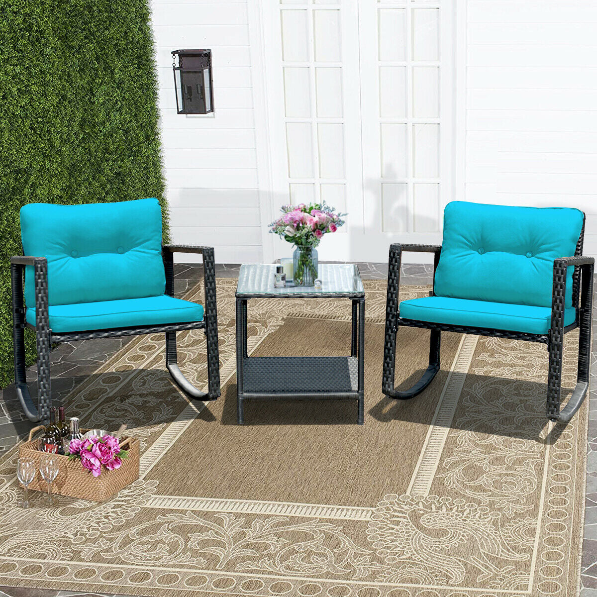 3 Pcs Wicker Rocking Bistro Set with Glass Coffee Table and Storage Shelf-TurquoiseÂ