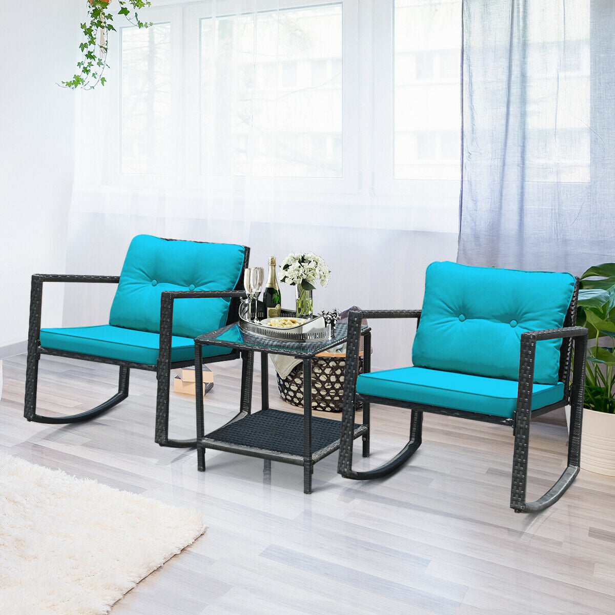 3 Pcs Wicker Rocking Bistro Set with Glass Coffee Table and Storage Shelf-TurquoiseÂ