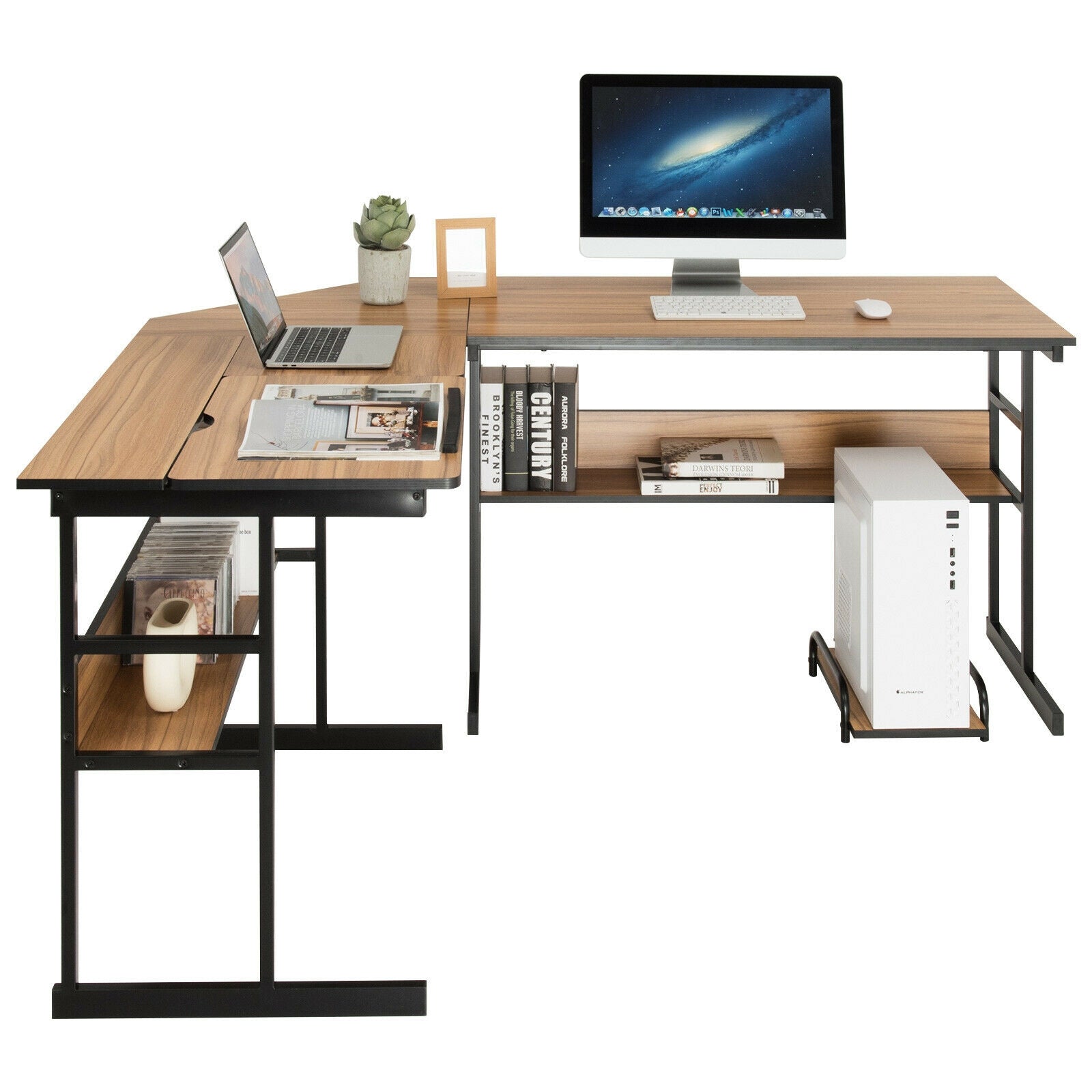 L-Shaped Computer Desk with Tiltable Tabletop-WalnutÂ