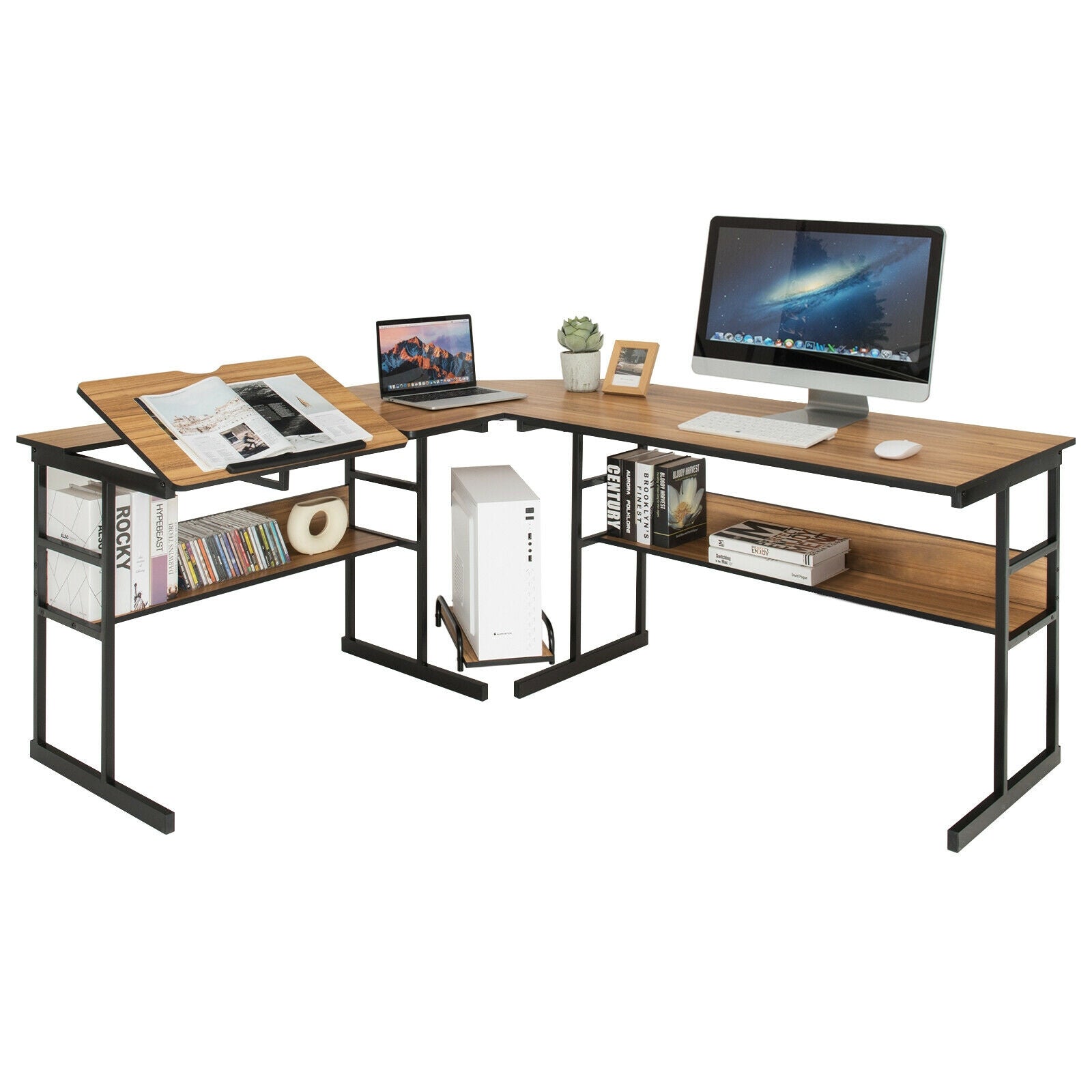 L-Shaped Computer Desk with Tiltable Tabletop-WalnutÂ