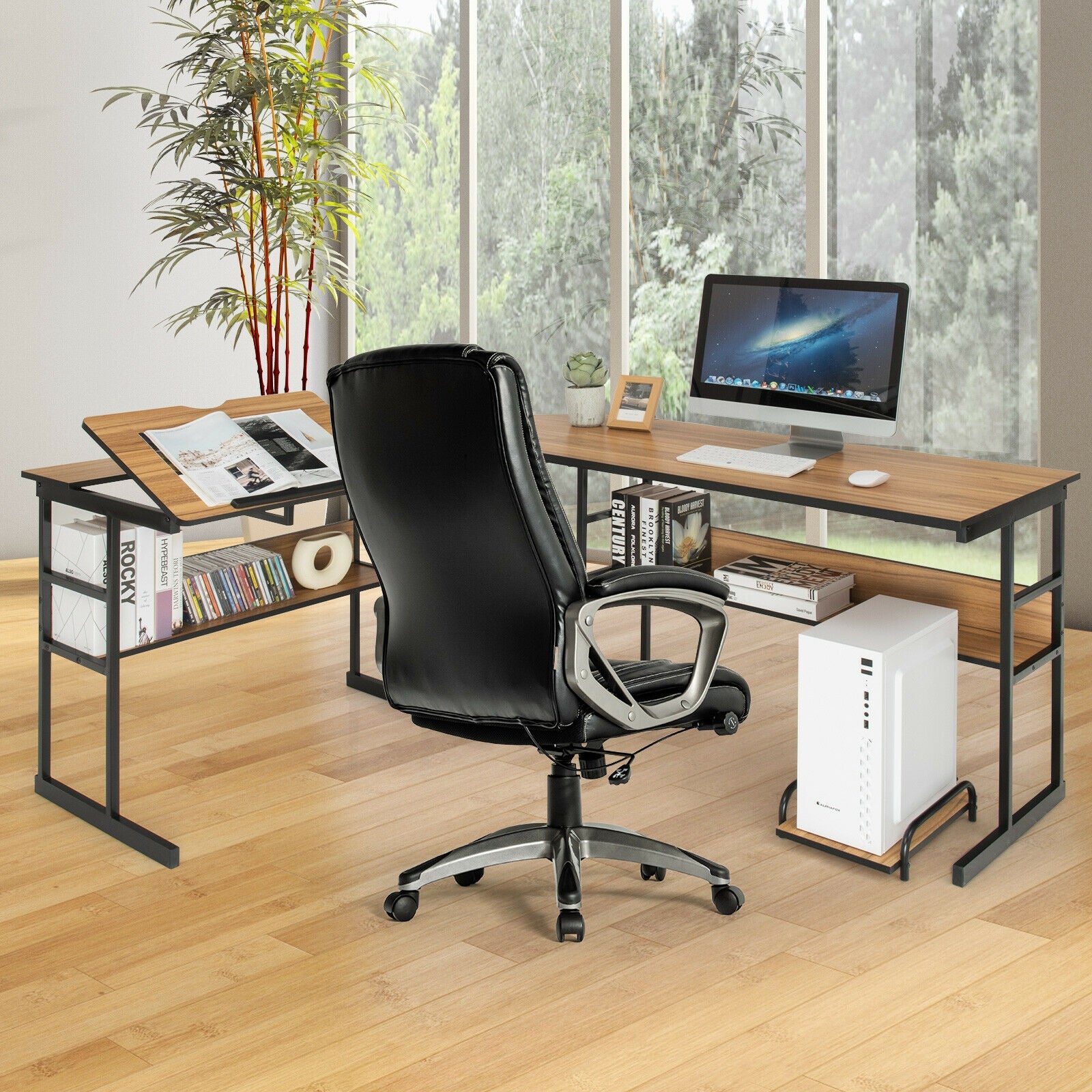 L-Shaped Computer Desk with Tiltable Tabletop-WalnutÂ