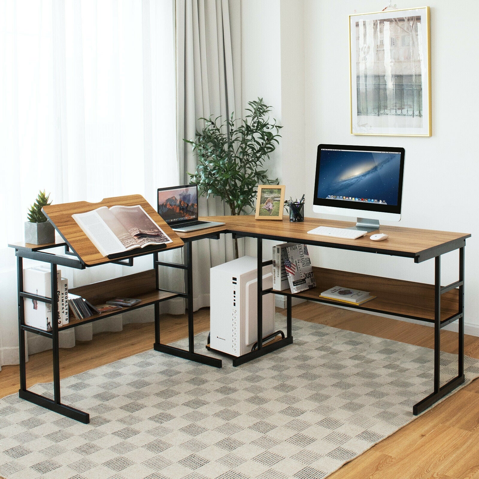 L-Shaped Computer Desk with Tiltable Tabletop-WalnutÂ