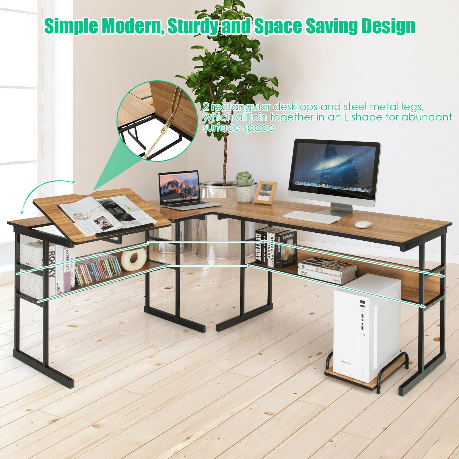 L-Shaped Computer Desk with Tiltable Tabletop-WalnutÂ