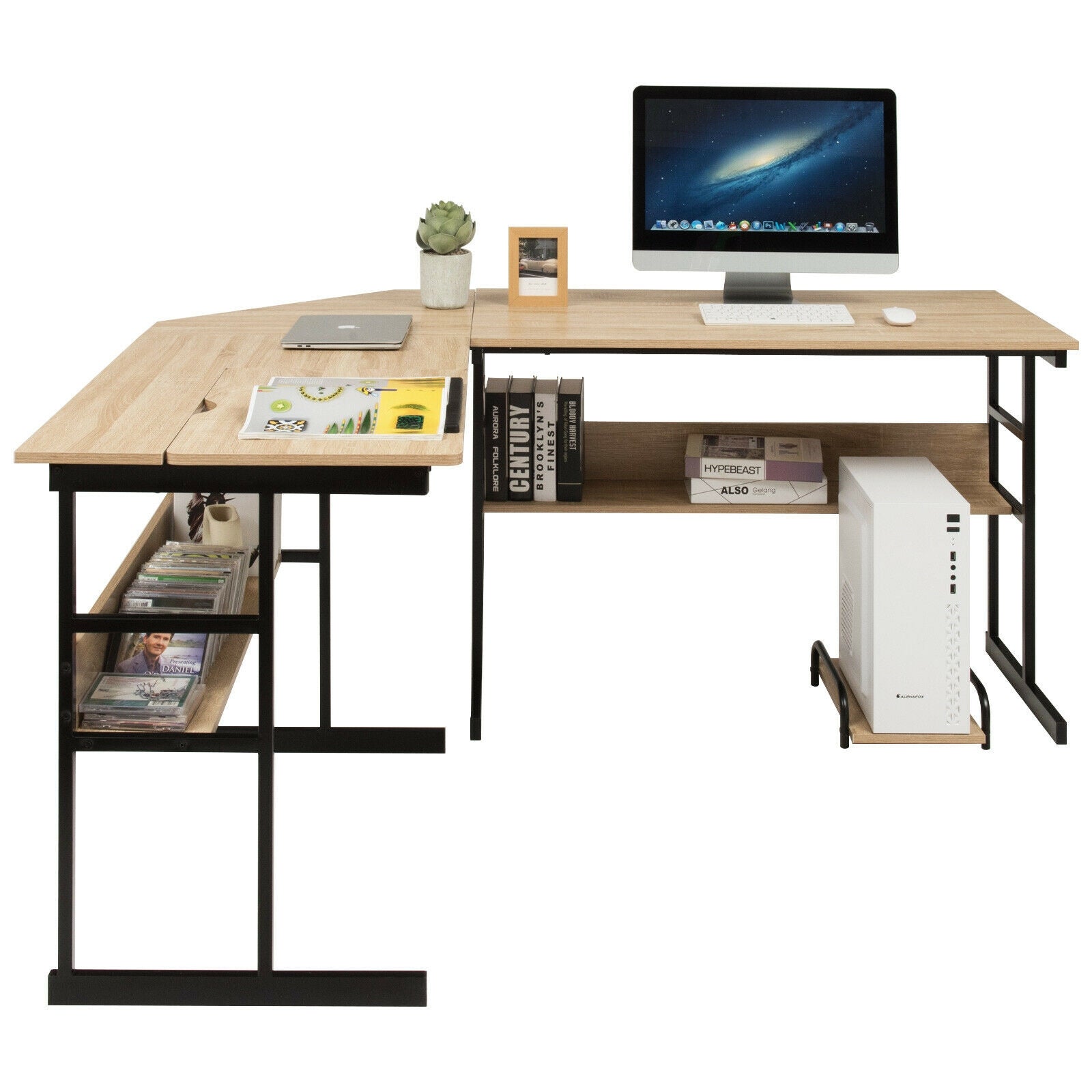 L-Shaped Computer Desk with Tiltable Tabletop-NaturalÂ