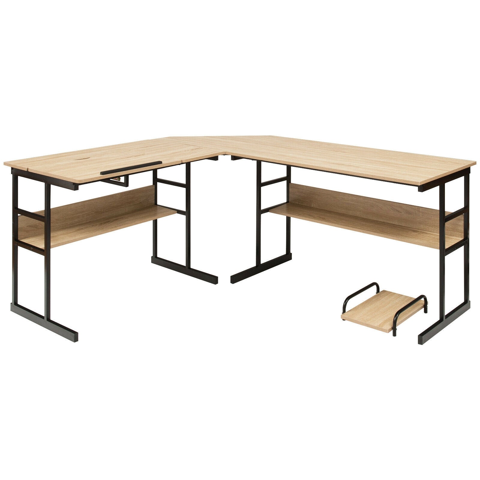 L-Shaped Computer Desk with Tiltable Tabletop-NaturalÂ