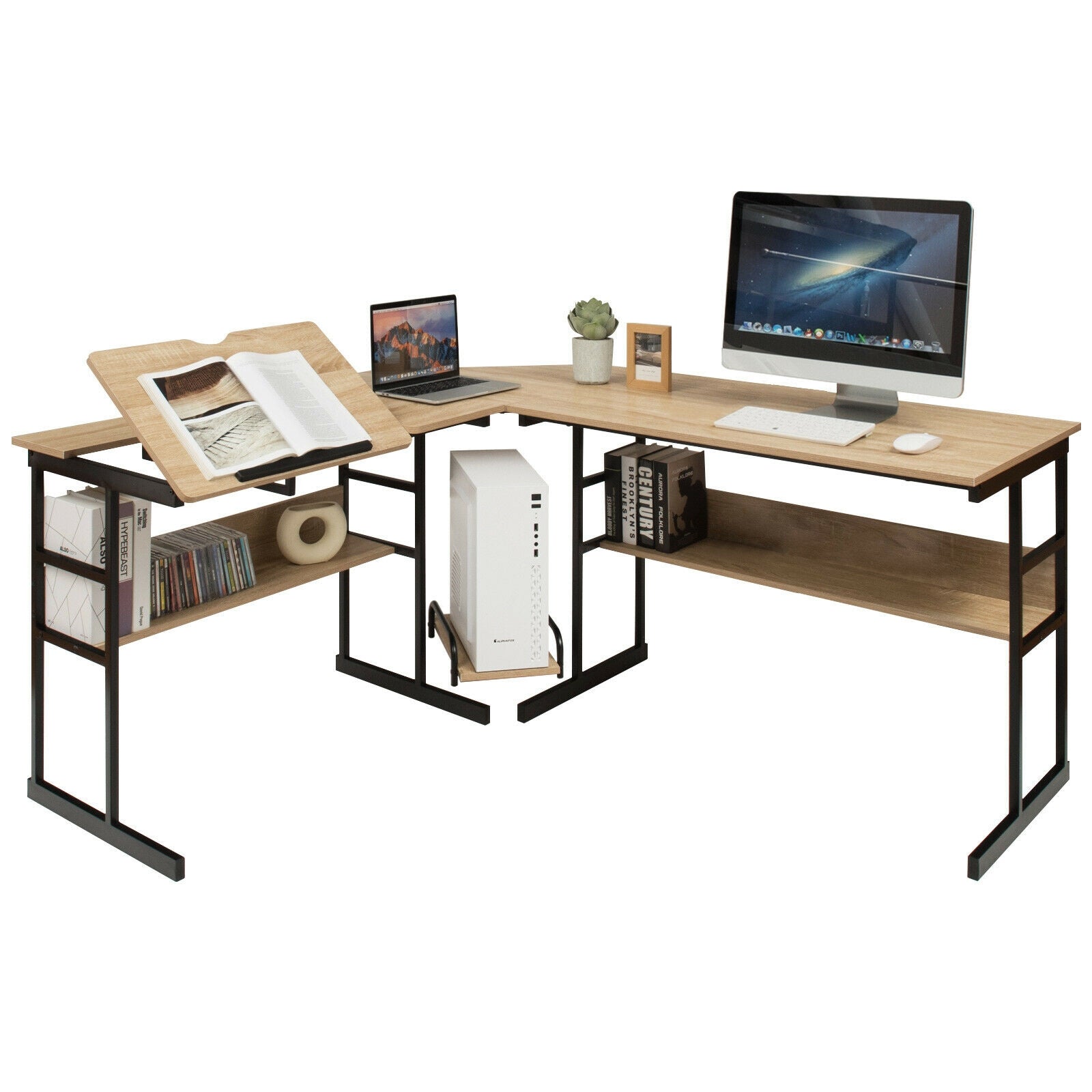 L-Shaped Computer Desk with Tiltable Tabletop-NaturalÂ