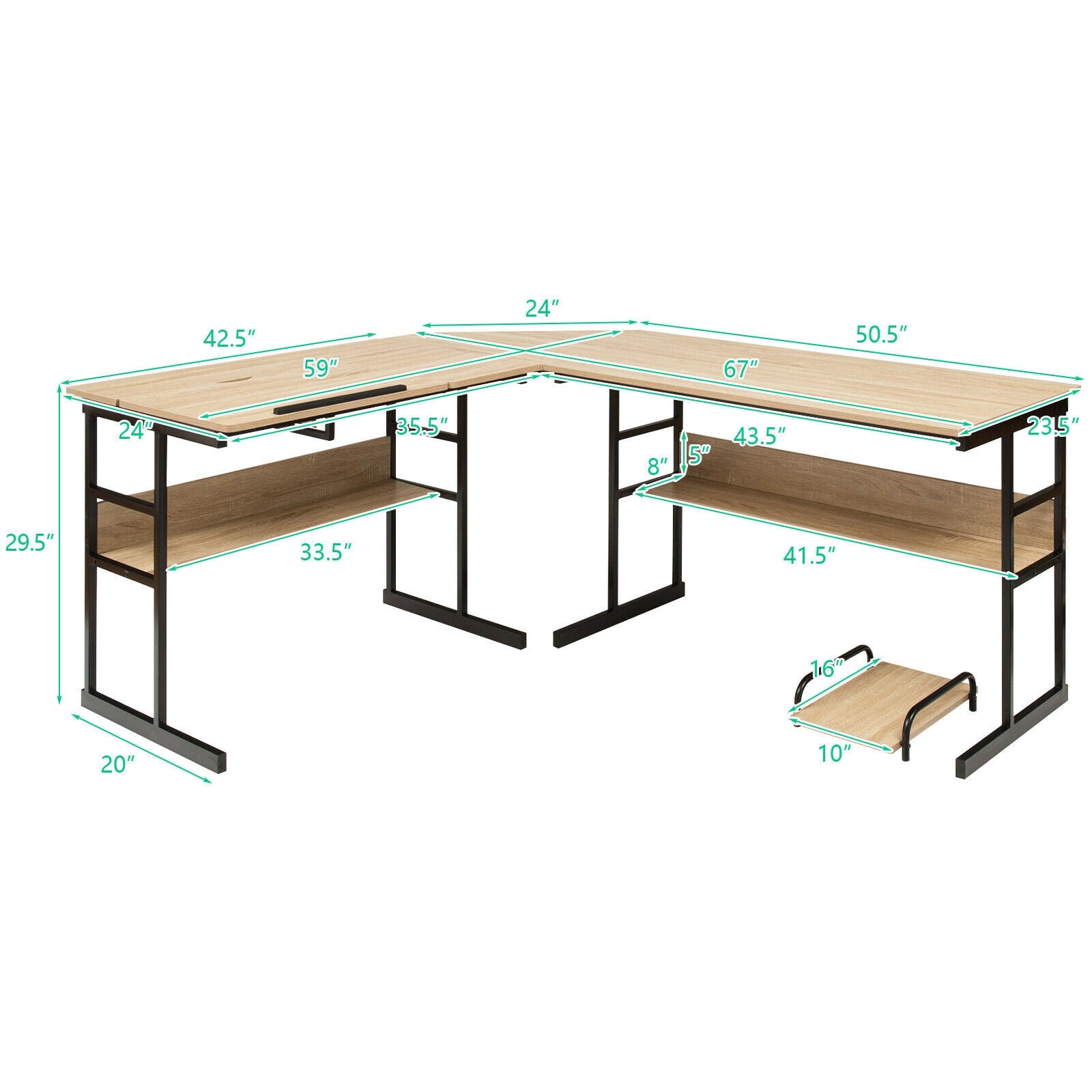 L-Shaped Computer Desk with Tiltable Tabletop-NaturalÂ